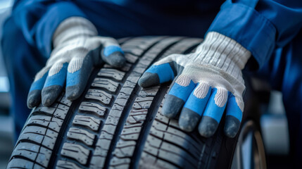 A person in blue uniform and protective gloves is holding a car tire.