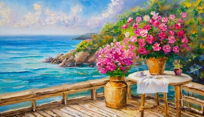 oil painting landscape terrace near the sea flowers