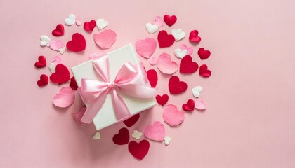 valentine s day background cute confetti hearts gift box with bow on isolated pastel pink background valentine s day concept flat lay top view copy space