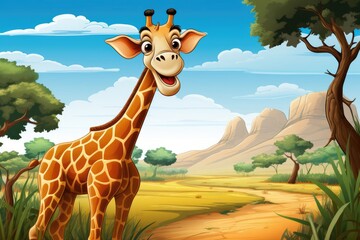 cartoon giraffe on the background of Africa