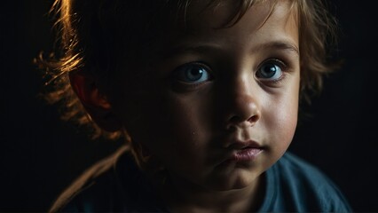 Fototapeta premium A young cute toddler baby with blue eyes closeup shot in a dark room, boy representing child stress