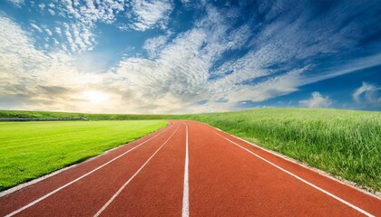 running track with grass and beautiful blue cloudy sky