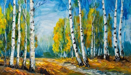 oil painting landscape birch forest abstract drawing made in