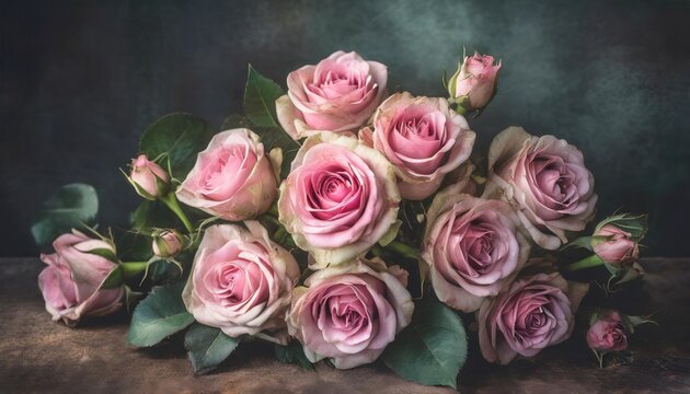 beautiful bouquet of pink roses on a dark background soft and romantic glamourous filter vintage flowers looking like an old painting