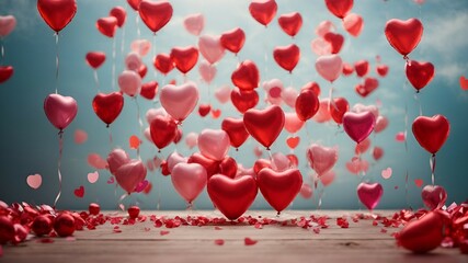 Array of Red Heart-Shaped Balloons Floating Against a Blue Background for a Romantic Celebration