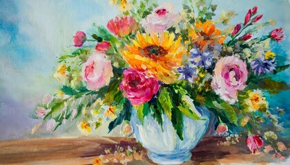 oil painting abstract bouquet of summer flowers colorful watercolor