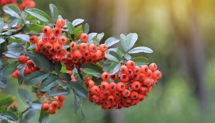 scarlet firefly pyracantha coccinea a deciduous shrub of the rosaceae family a thorny evergreen with red fruits in a natural habitat on a blurred background - obrazy, fototapety, plakaty