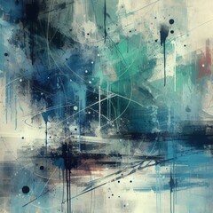 Vivid abstract composition with blue paint splatters and drips on a textured backdrop.
