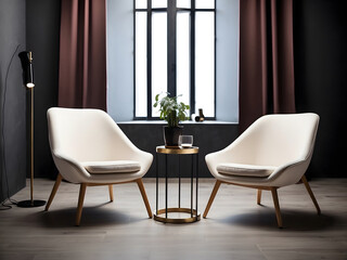 Stylish interior design, two chairs, studio light, interview scene design.
