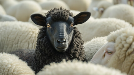 A black sheep in a flock of white sheep - Powered by Adobe