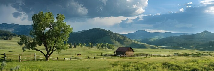 Cattle ranch with a field of grass for cows and bulls to eat