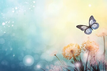 Pastel background with butterfly, dandelion, water drops, and sunrise. Empty spaces. Generative AI