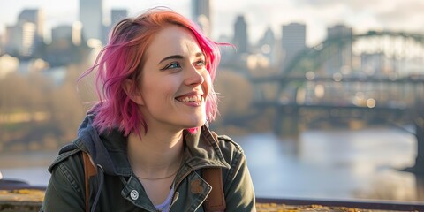 Fototapeta premium Young woman with colorful hair exploring Portland, Oregon with city in the background