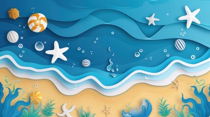 Fototapeta na wymiar Blue sea and beach summer banner background with abstract ripple paper cut style