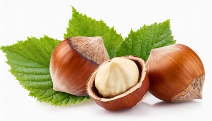 three hazelnuts with leaves isolated on white background