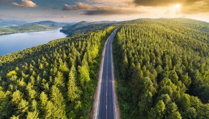 aerial view of a road on a forest