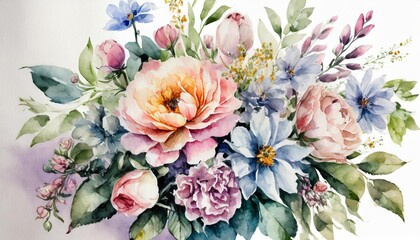bouquet of beautiful flowers in pastel colors on a white background watercolor illustration