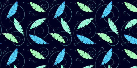 Naklejka premium Abstract Blue Background, Seamless Pattern, Feathers, Spirals, Artistic, Textile, Softness, Vector Illustration