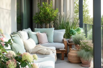 Serene balcony decorated with pastel-colored outdoor furniture, cozy cushions, and a variety of potted plants.