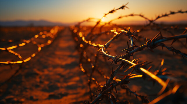 barb wire fence and sunset