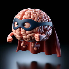 small super hero brain character with a cape, hovering in mid-air, isolated and centered on a clean black background