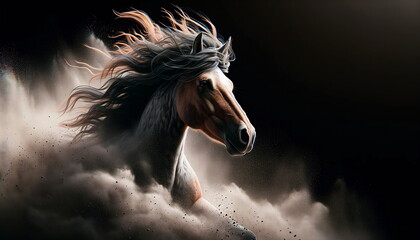 wild horse in dust, isolated on the left side against a clean black background with ample copy space