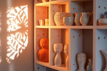 Exotic eclectic modern decorative objects on a white shelf window light