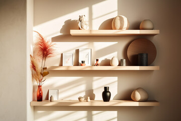Minimalist modern decorative objects on a shelf white background window light