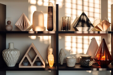 Modern eclectic decorative objects on a black shelf white background hit by sunlight