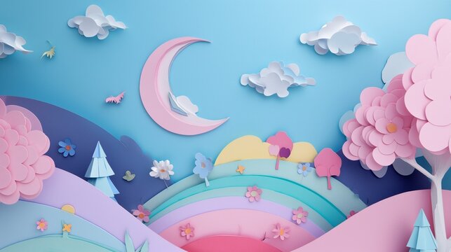 papercraft night design of children's fairytale landscape, pastel colors