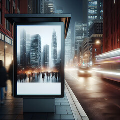 Blank white vertical digital billboard poster on city street bus stop sign at nigh. Street advertising bus stop mockup
