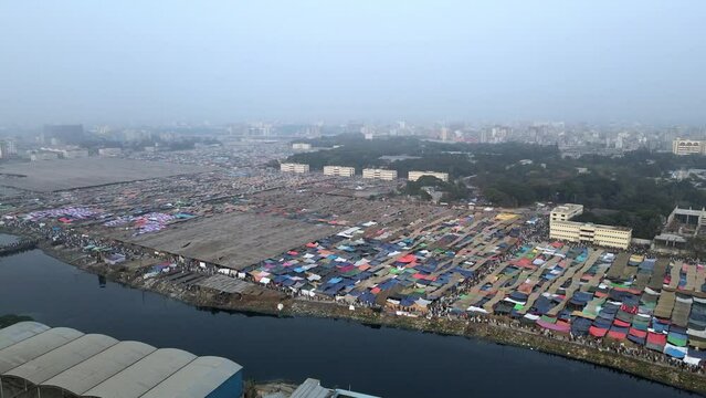 Drone View of Bishwa Ijtema in Tongi, Dhaka, Bangladesh. The huge Ijtema tent on the banks of the River Turag near Dhaka. Bishwa Ijtema