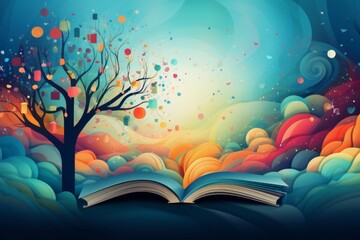 Book with tree and colorful bokeh background. Abstract background for World Book Day