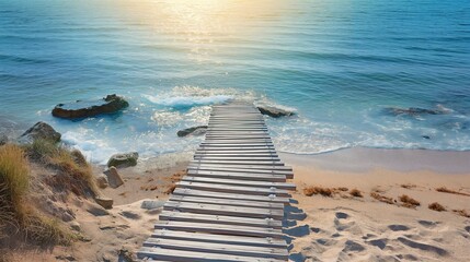 Wooden path at idealistic landscape over sand dunes with ocean view, sunset summer