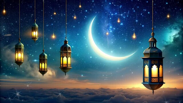 crescent moon and lantern lights with a sky full of stars