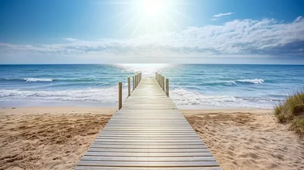 Foto op Aluminium Wooden path at idealistic landscape over sand dunes with ocean view, sunset summer © mirifadapt