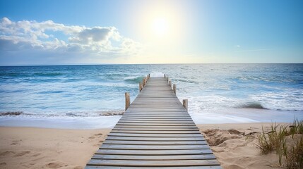 Wooden path at idealistic landscape over sand dunes with ocean view, sunset summer - Powered by Adobe
