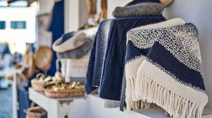 traditional Portuguese goods for tourists, knitted sweaters, hand-knitted items at the market on the store counter