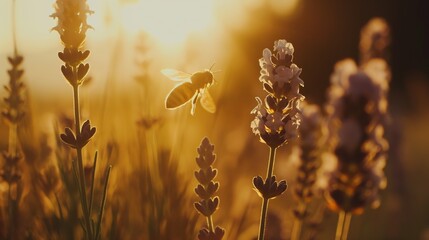 Honey bee pollinates lavender flowers, sunny lavender. Lavender flowers in field. Soft focus - obrazy, fototapety, plakaty