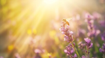 Honey bee pollinates lavender flowers, sunny lavender. Lavender flowers in field. Soft focus - obrazy, fototapety, plakaty
