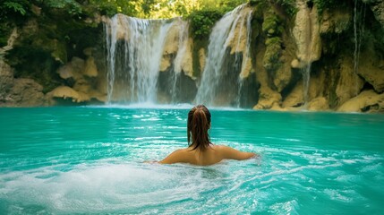 spa shower under tropical waterfall, woman in water