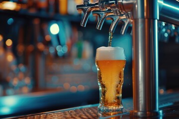 Cold beer getting poured from a tap in bar
