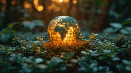 Conceptual logo for the presentation of the World Economic Forum, represented by a globe glowing from the inside on green young grass. - obrazy, fototapety, plakaty