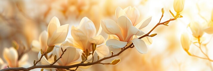 blooming magnolia flowers on a branch close up, golden hour