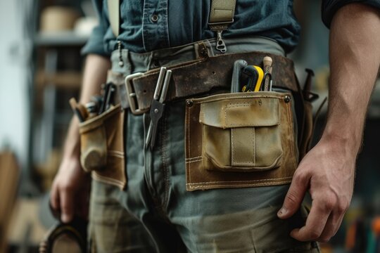 Close up maintenance worker bag with tools