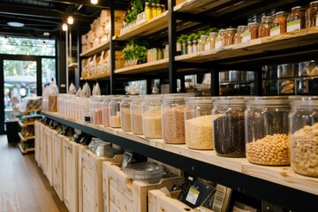 A variety of grains and pulses displayed in clear jars on shelves in a zero-waste shop.