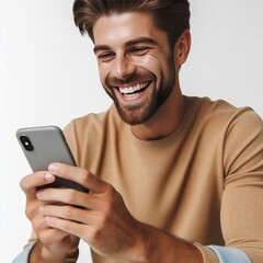 happy man using a mobile phone isolated on white background