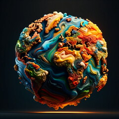 small oil paint making a world map, hovering in mid-air, isolated and centered on a clean black background