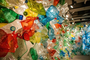 Detailed view of colorful upcycled plastic bottles in an artistic display. Art installation made of upcycled plastic bottles creating a colorful corridor.