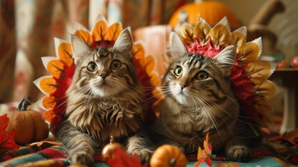 Fototapeta premium Thanksgiving Humor: Cats in Turkey Costumes